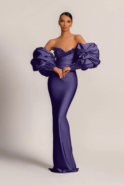 Charming Purple Strapless Mermaid Long Prom Dress With Appliques Puff Sleeves