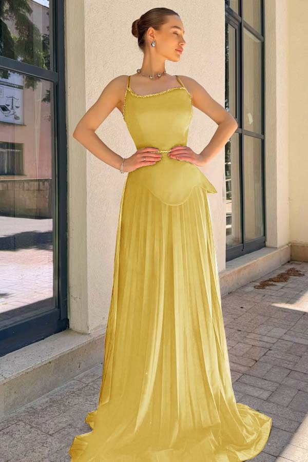 Spaghetti Strap Sleeveless Long Prom Dress With Pleated Sequins