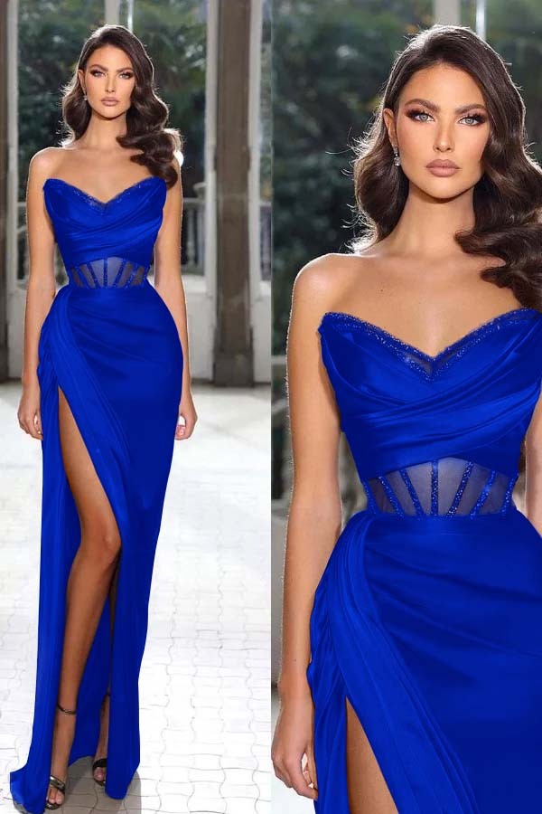 Strapless Sleeveless Long Mermaid Prom Dress With Split Pleated