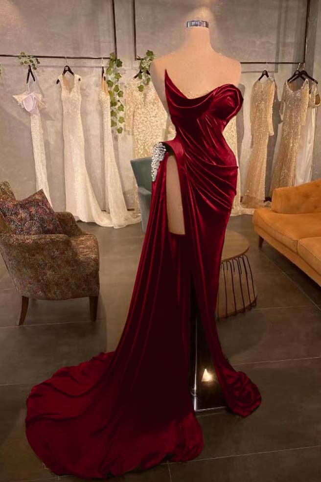 Strapless Sleeveless Long Prom Dress With High Split Pleated Beading