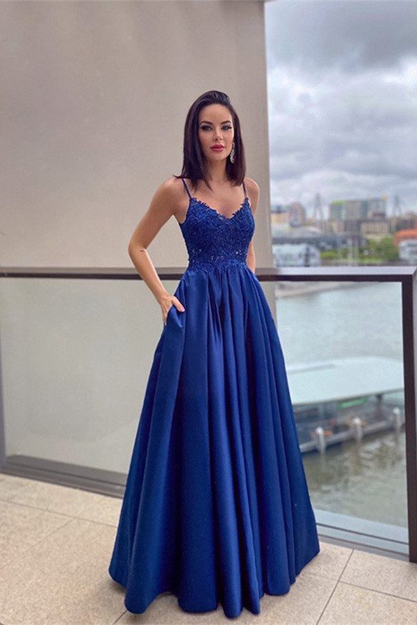 Royal Blue Sleeveless Lace A Line Long Prom Dress Appliques With Pockets