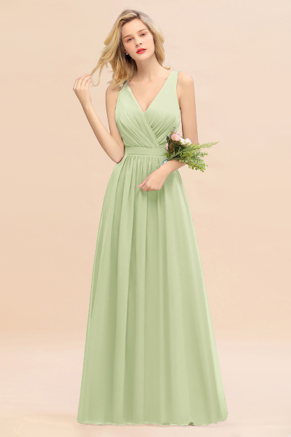 BMbridal Affordable V-Neck Ruffle Long Grape Chiffon Bridesmaid Dress with Bow-BMbridal
