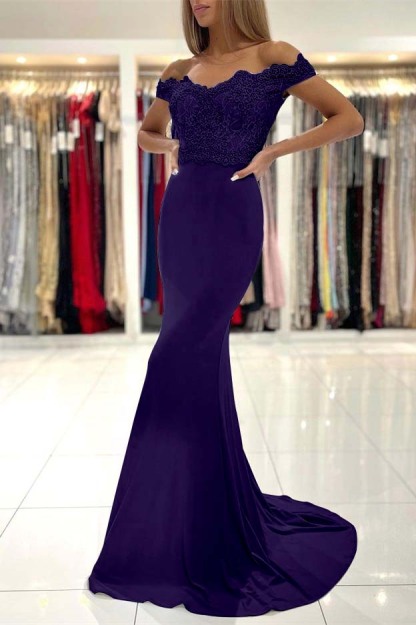Mermaid Off the Shoulder Sleeveless Prom Dress Long With Lace Appliques