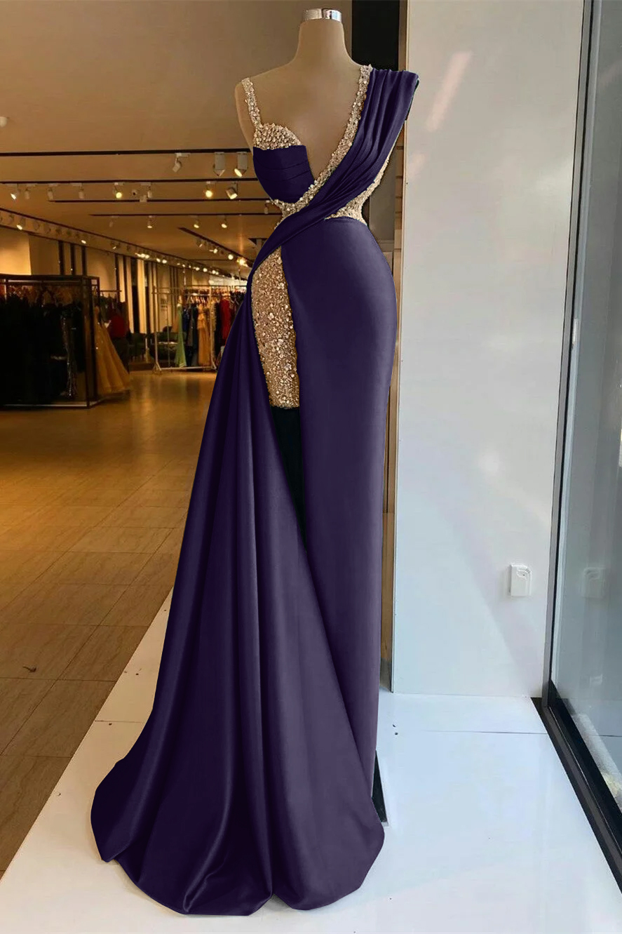 Straps Sleeveless High Split Long Prom Dress With Sequins Ruffles