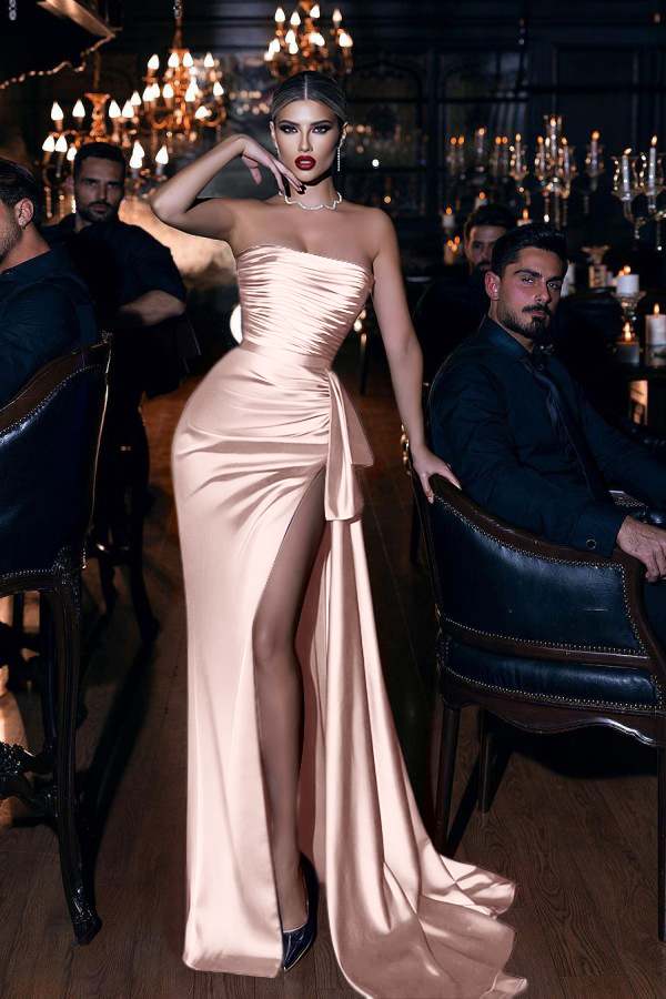 Sleeveless Mermaid Royal Blue Prom Dress Strapless Long With High Split