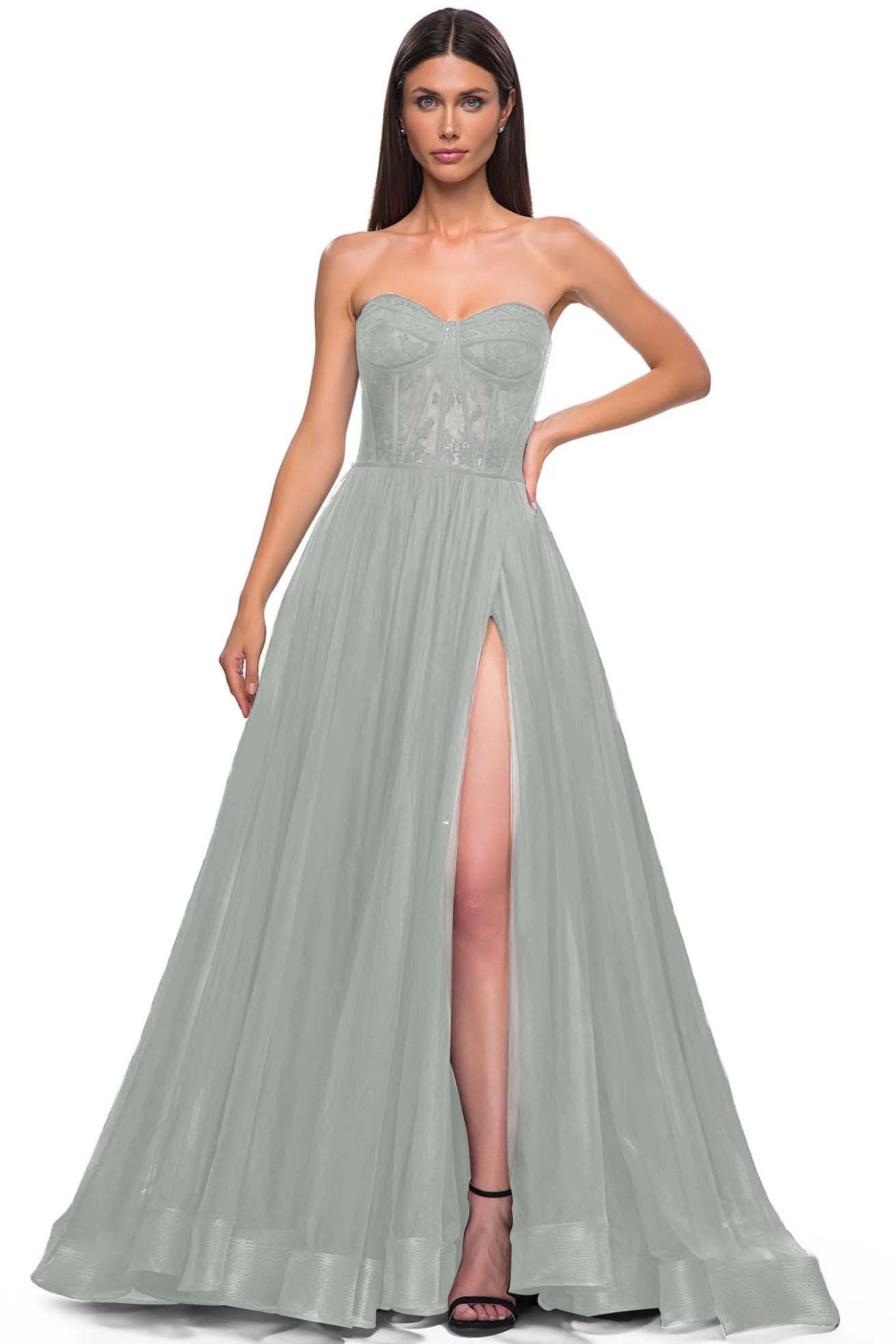 Strapless Sleeveless Long High Split Prom Dress With Appliques