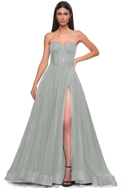 Strapless Sleeveless Long High Split Prom Dress With Appliques