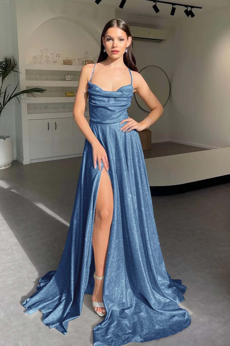 Halter Sleeveless Long Split Prom Dress With Pleated Sequins