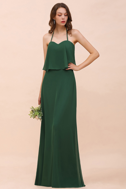 BMbridal Chic Halter Sweetheart Dark Green Chiffon Bridesmaid Dress-BMbridal