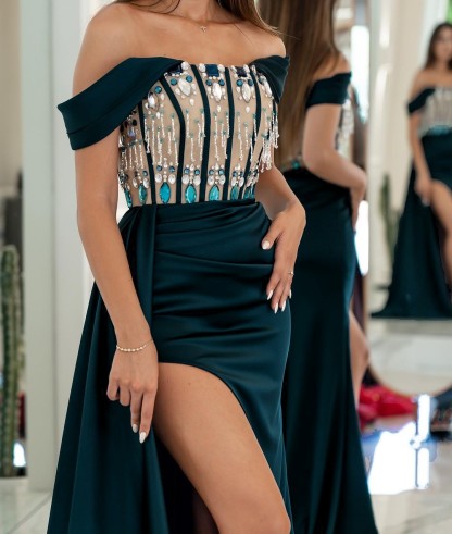 Prom Dress Long Side Split Trail Sleeveless Strapless With Beading