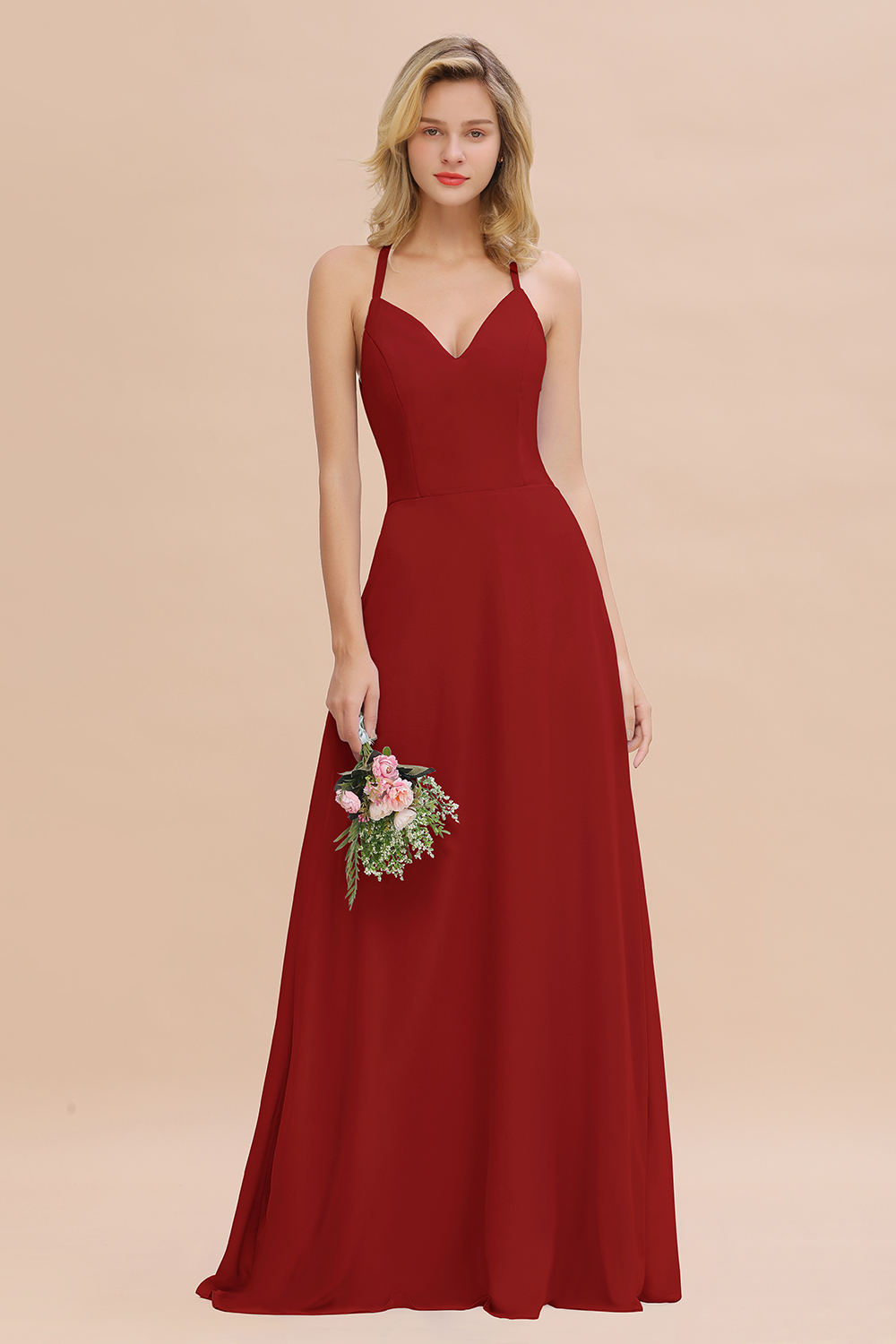 BMbridal Modest Halter V-Neck Sleeveless Long Bridesmaid Dresses Online-BMbridal