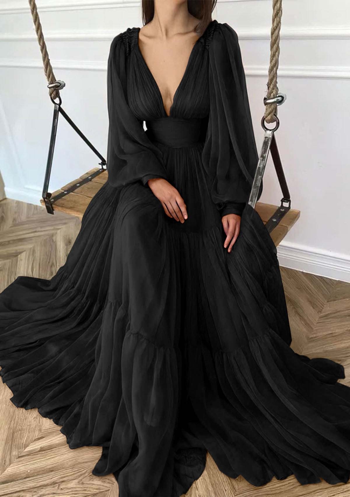 Deep V Neck Long Sleeves High Waist Long Prom Dress With Ruffles