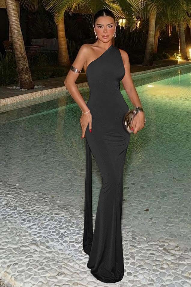 One Shoulder Sleeveless Mermaid Long Prom Dress With Ruffles