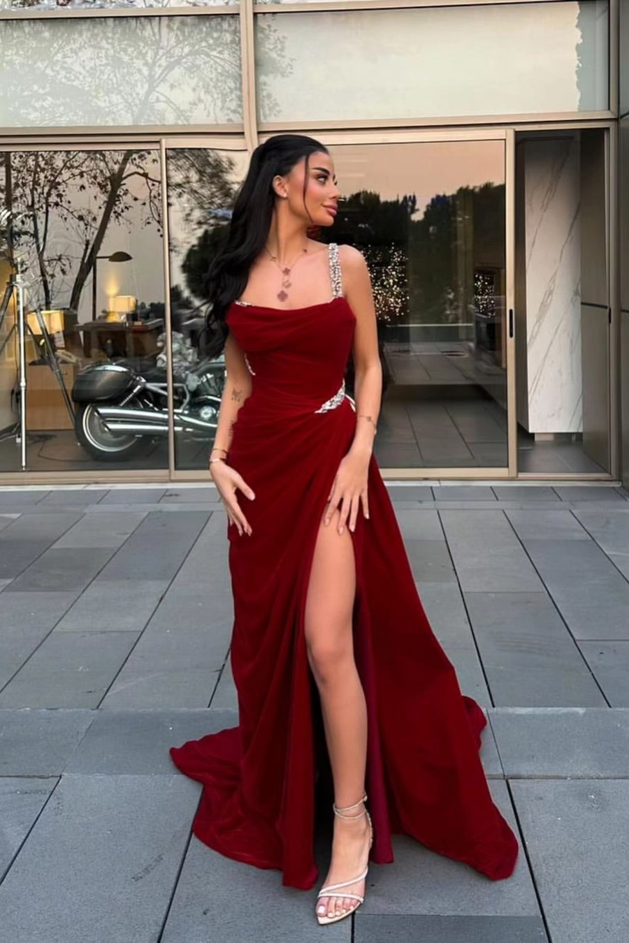 Spaghetti Strap Sleeveless Long Prom Dress With Split Beading