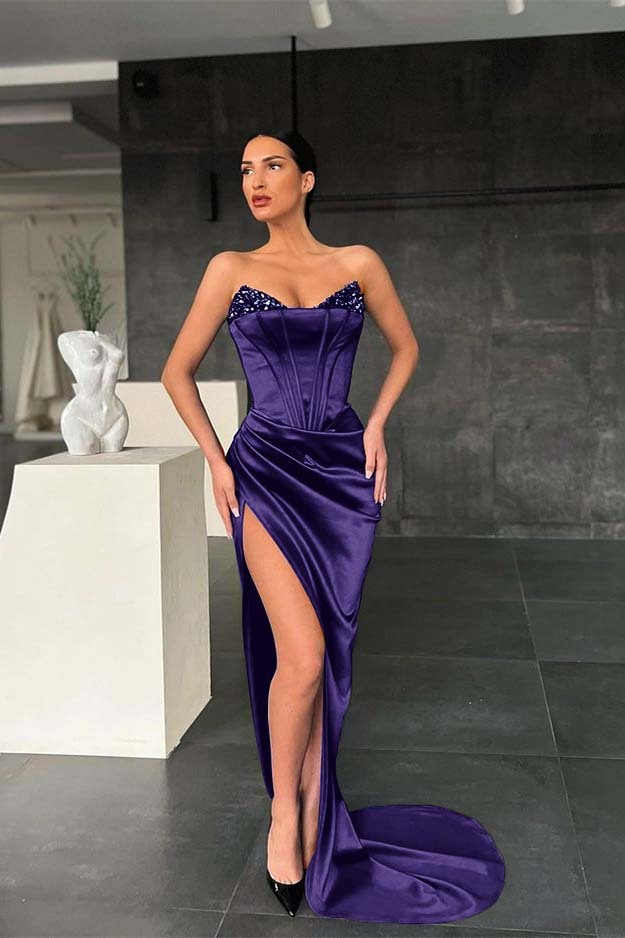 Mermaid Royal Blue Strapless Sleeveless Prom Dress High Split With Sequins