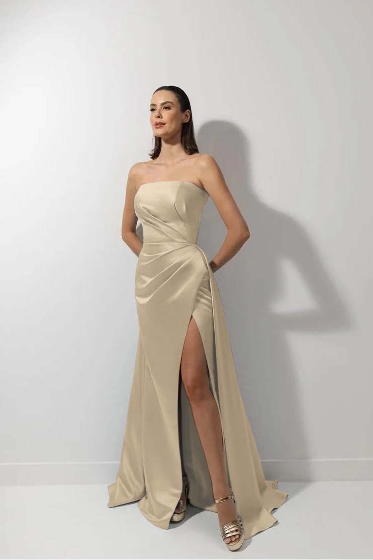 Strapless Sleeveless Long Mermaid Prom Dress With High Split Ruffles