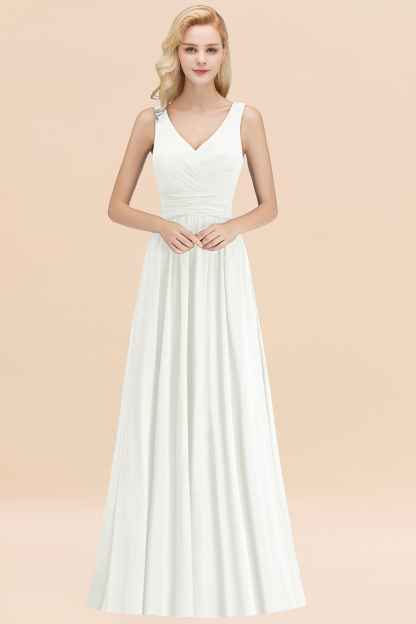 BMbridal Modest Sleeveless V-Neck Long Chiffon Bridesmaid Dress Online with Ruffle-BMbridal