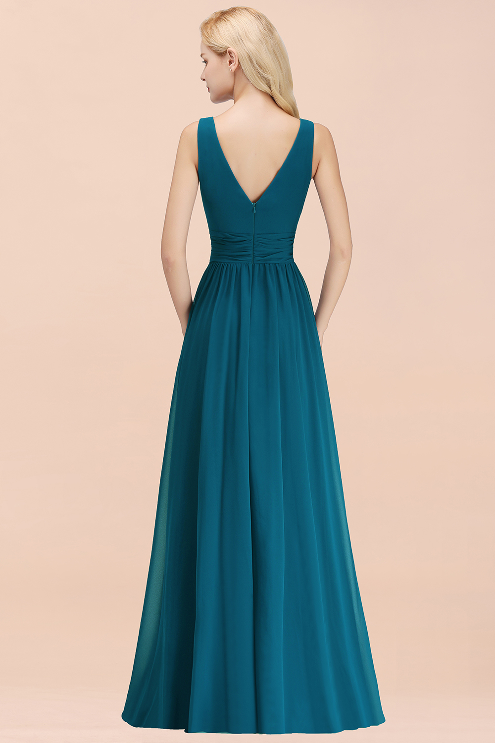 BMbridal Modest Sleeveless V-Neck Long Chiffon Bridesmaid Dress Online with Ruffle-BMbridal