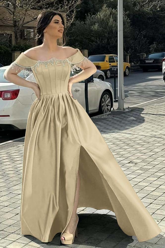 Off the Shoulder Sleeveless Long Split Prom Dress With Pleated Beading