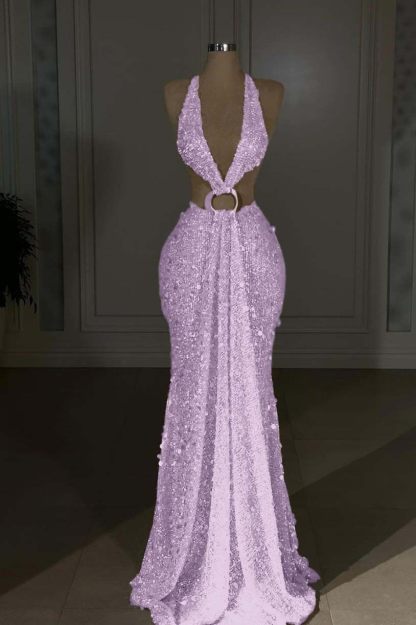 Halter Sleeveless Backless Long Mermaid Prom Dress With Sequins