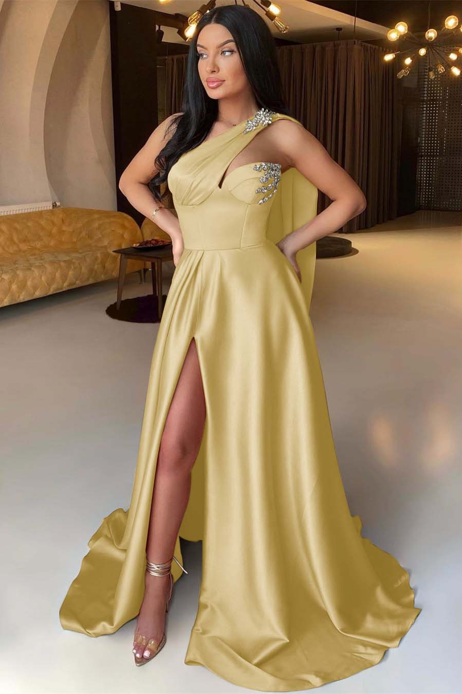 Front Split One Shoulder Sleeveless Mermaid Prom Dress With Beadings Online