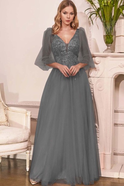 Charming Tulle V Neck Sleeveless Long Prom Dress With Appliques