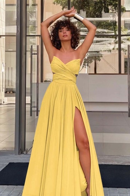 Strapless Sleeveless Long High Split Prom Dress With Pleated