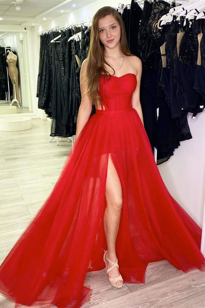 Sweetheart Strapless Sleeveless Red Elegant Evening Dress With High Split