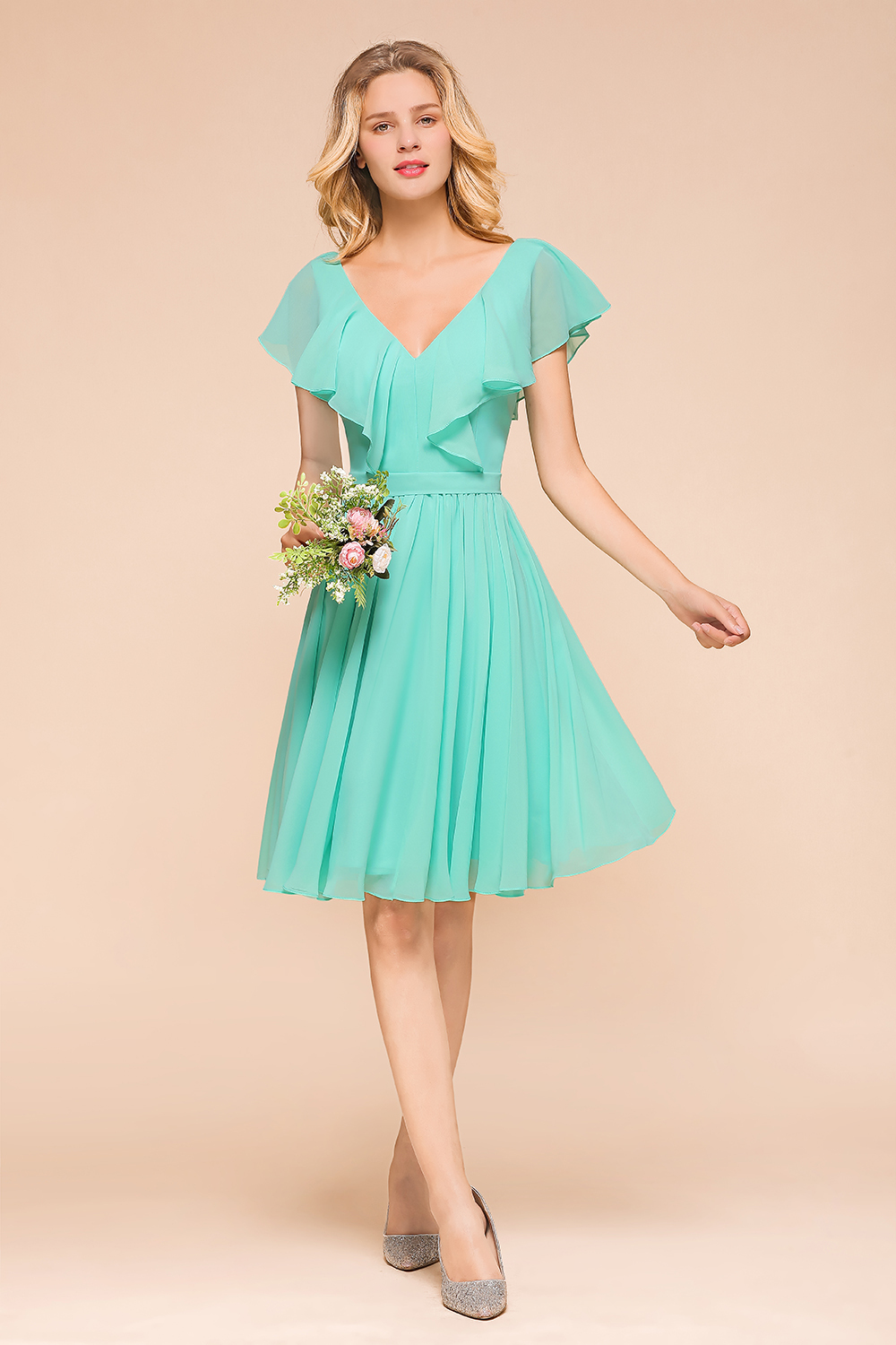 BMbridal Chic V-Neck Ruffle Chiffon Short Affordable Bridesmaid Dresses Online-BMbridal