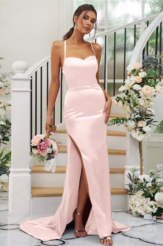 Spaghetti Strap Sleeveless Split Long Prom Dress With Pleated