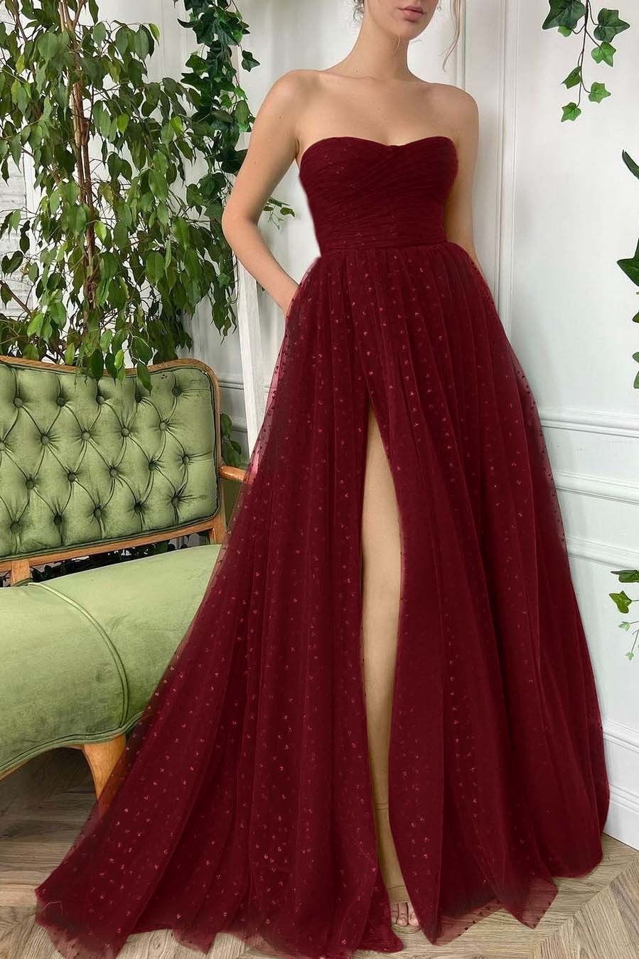 Tulle Sleeveless Strapless Long Split Prom Dress With Pleated