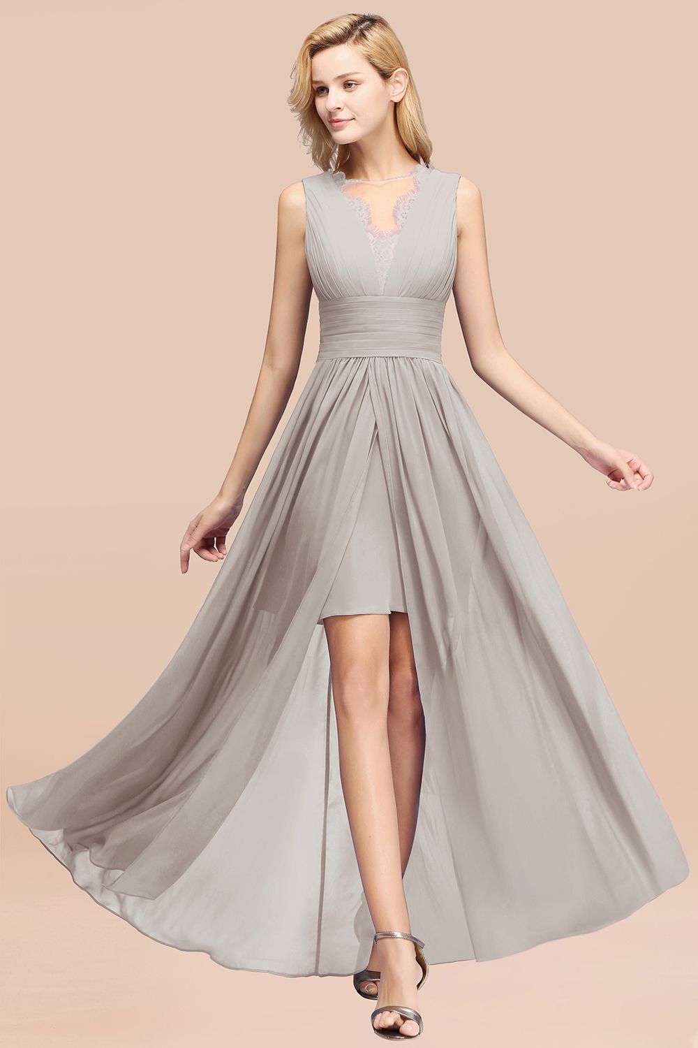 BMbridal Elegant Chiffon Lace Jewel Sleeveless Bridesmaid Dress with Ruffle-BMbridal