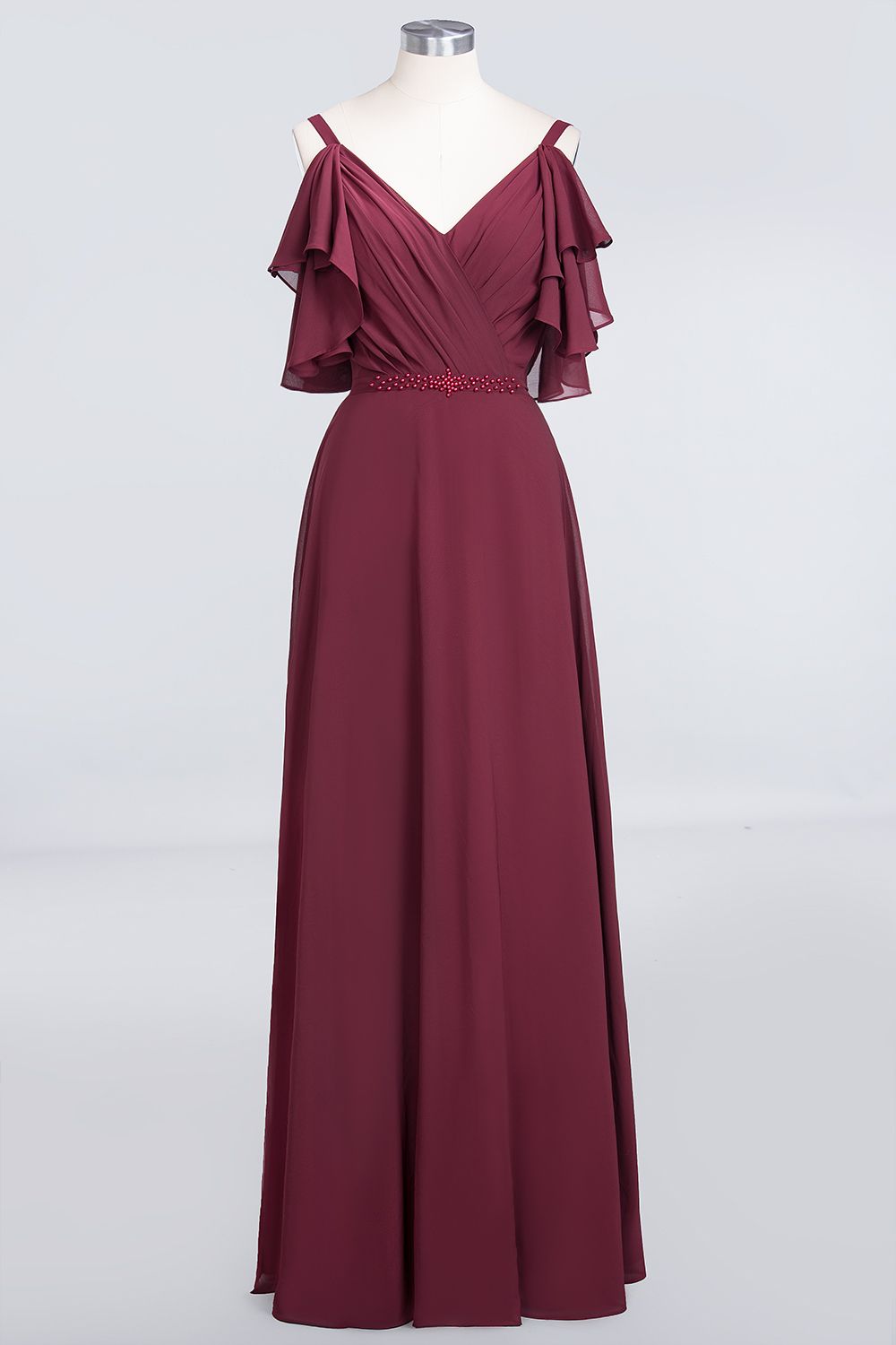 BMbridal Modest Cold-shoulder Crinkle Chiffon Long Bridesmaid Dress with Pearls-BMbridal