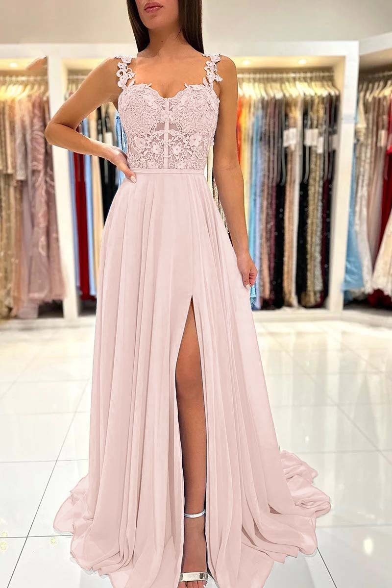 Straps Sleeveless Long A Line Split Prom Dress With Appliques