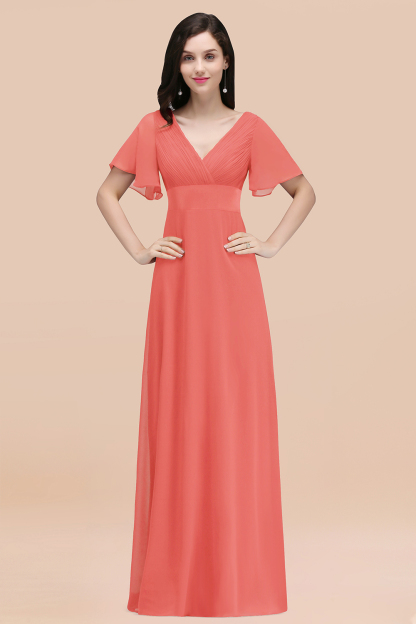 BMbridal Affordable V-Neck Ruffle Long Burgundy Bridesmaid Dress With Short-Sleeves-BMbridal