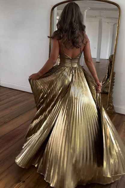 Sparkly A Line Halter Neck Gold Long Prom Dress with Keyhole Slit