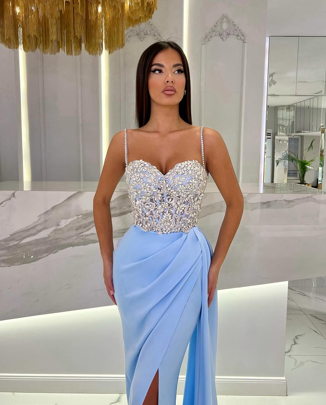 Prom Dress Baby Blue With High Slit Spaghetti Strap Sweetheart Appliques