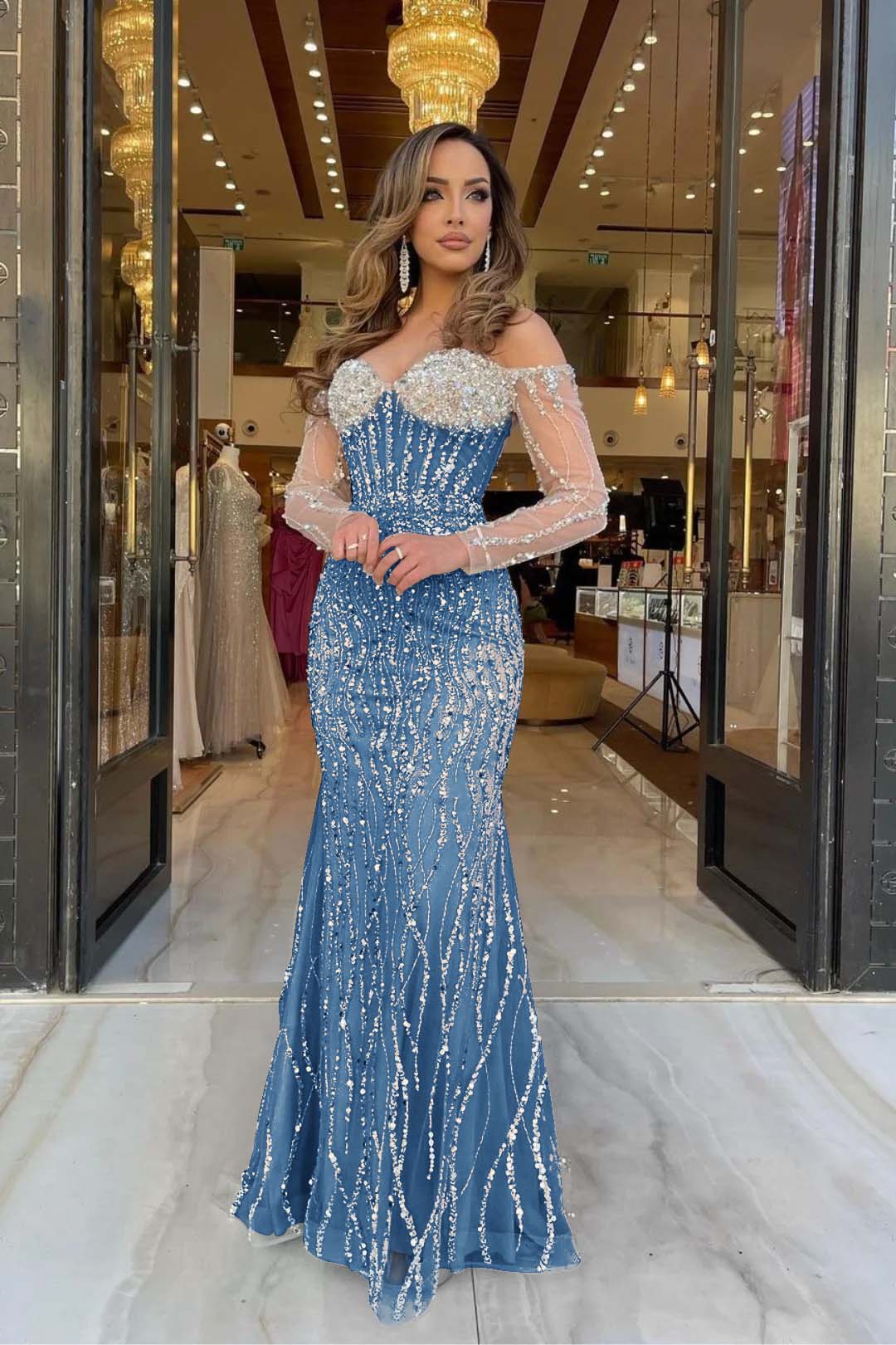 Heavy Prom Dress Sweetheart Long Sleeves Strapless Beading Long Tulle