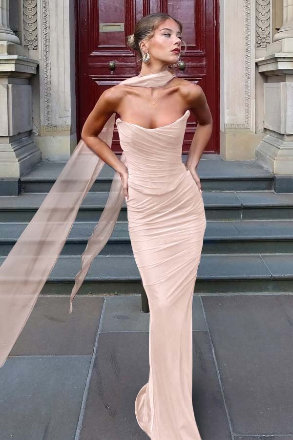 Chiffon Strapless Sleeveless Long Mermaid Prom Dress With Pleated