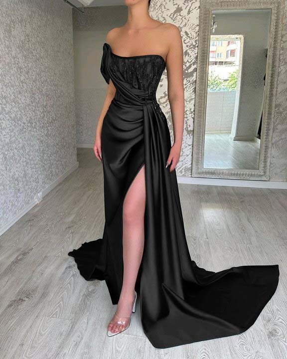 One Shoulder Strapless Sleeveless Long Mermaid Prom Dress With Split