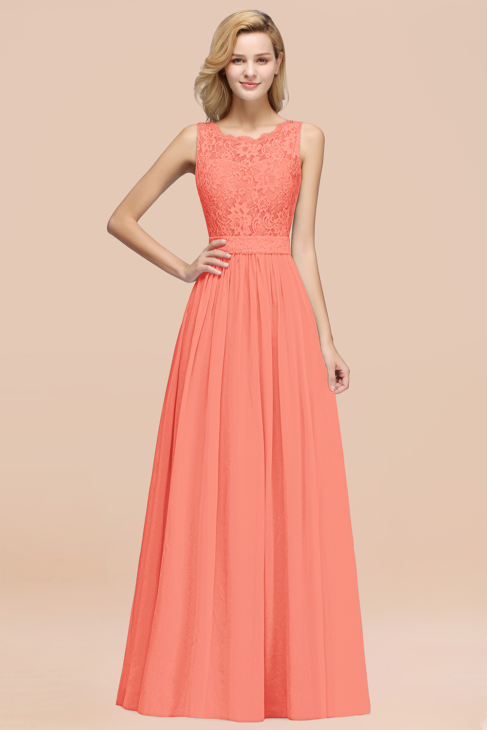 BMbridal Elegant Chiffon Lace Scalloped Sleeveless Ruffle Bridesmaid Dresses-BMbridal