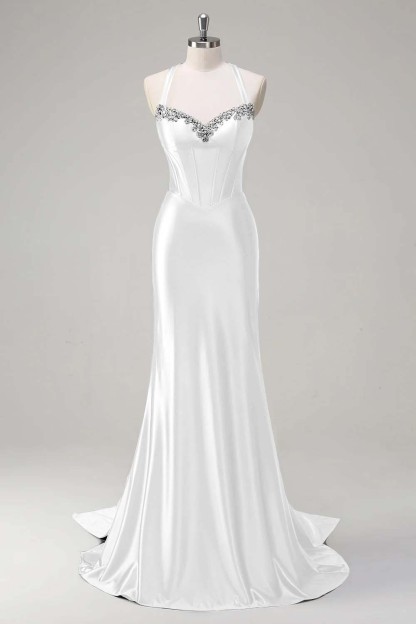 Halter Sleeveless Long Mermaid Prom Dress With Beading Pleated