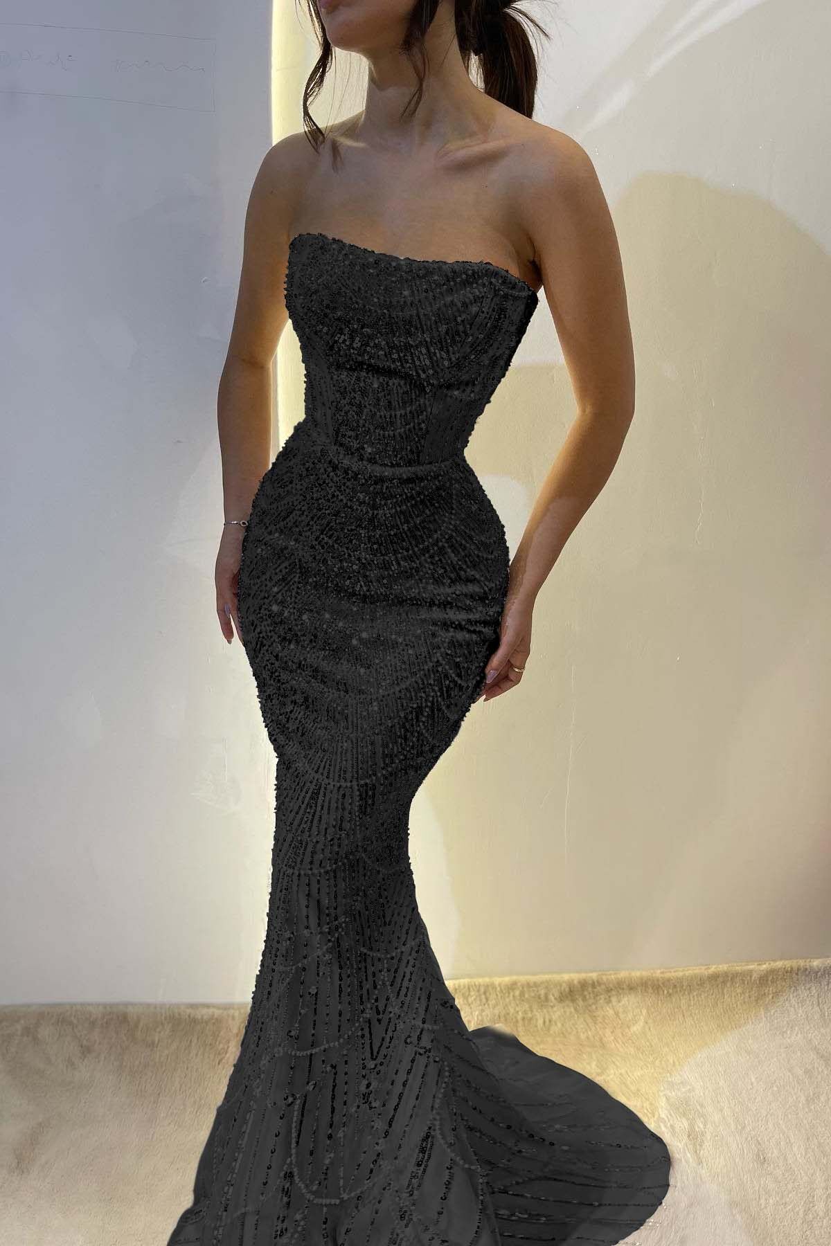 Chic Strapless Sleeveless Long Mermaid Prom Dress With Sequins
