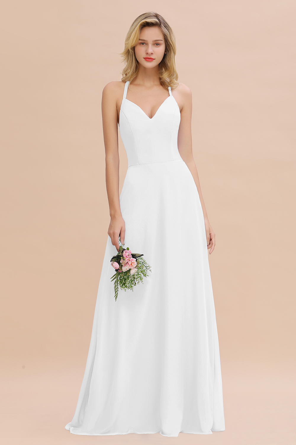 BMbridal Modest Halter V-Neck Sleeveless Long Bridesmaid Dresses Online-BMbridal