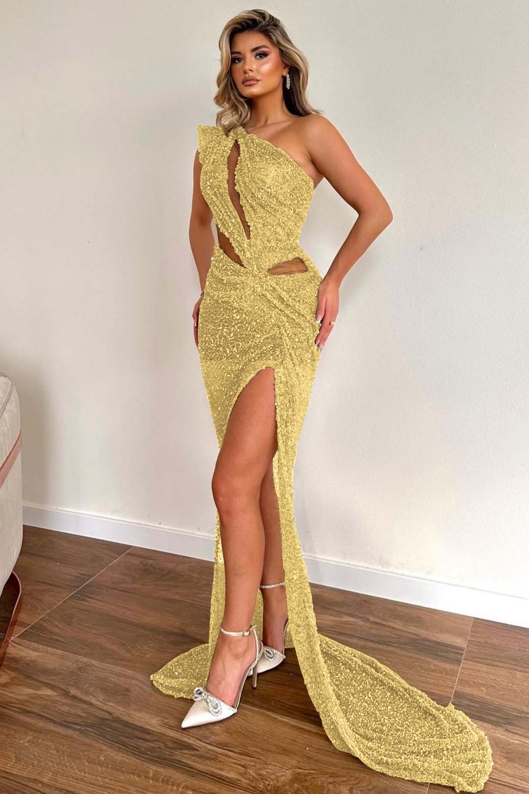 Champagne Sleeveless Prom Dress One Shoulder Sequins With High Slit