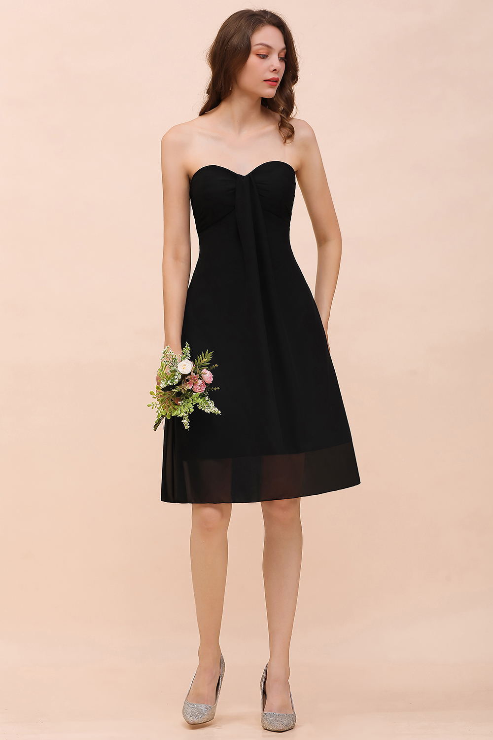 BMbridal Lovely Strapless Sweetheart Ruffle Short Black Bridesmaid Dress Affordable-BMbridal