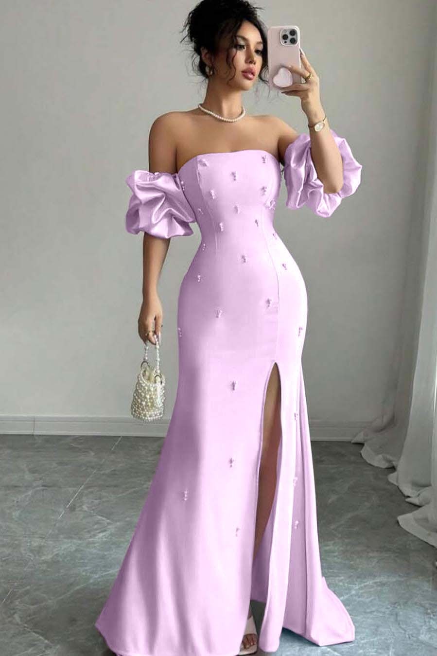 Strapless Bubble Sleeves Long Split Prom Dress With Beading