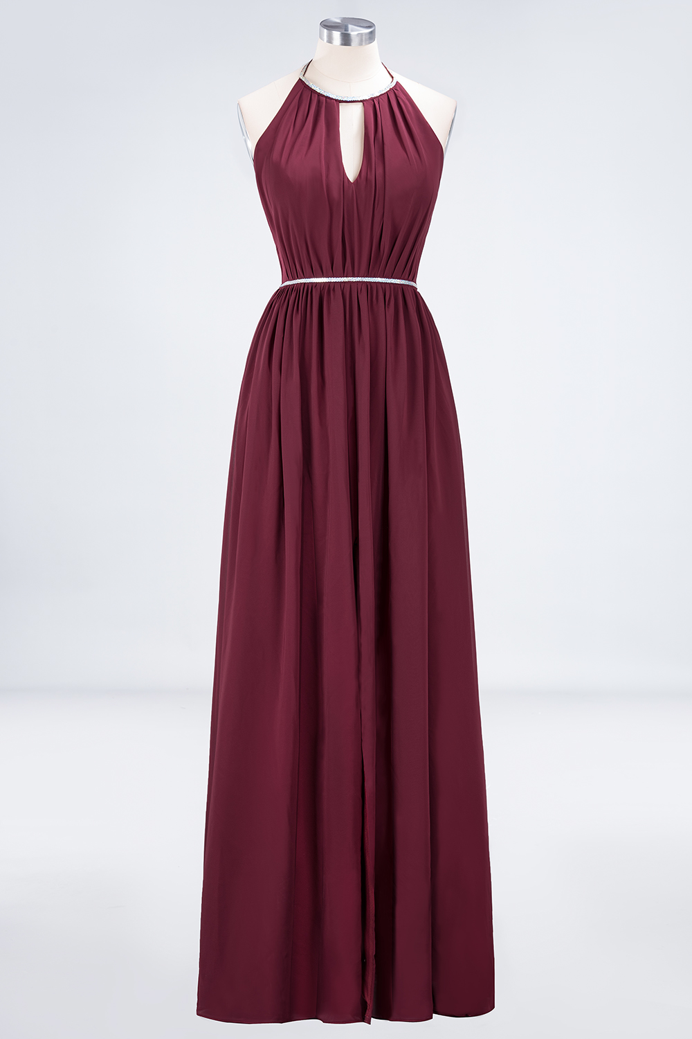 BMbridal Chic Burgundy Halter Long Backless Bridesmaid Dress with Beadings-BMbridal