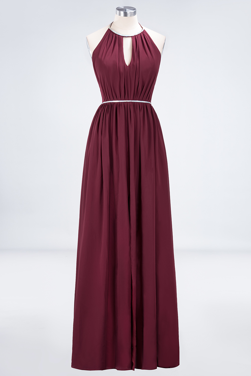 BMbridal Chic Burgundy Halter Long Backless Bridesmaid Dress with Beadings-BMbridal