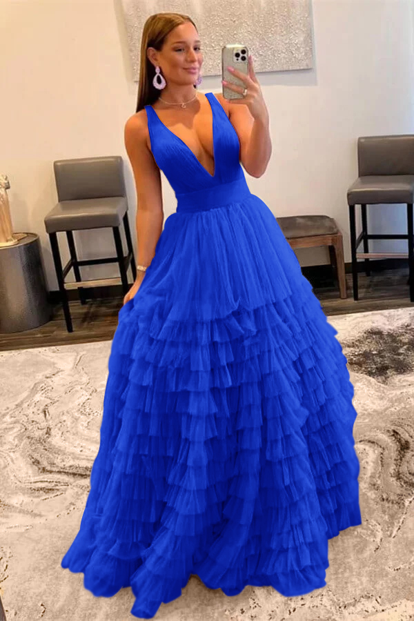 Elegant Deep V Neck Tulle layers Prom Dress With Sleeveless Online Lilac